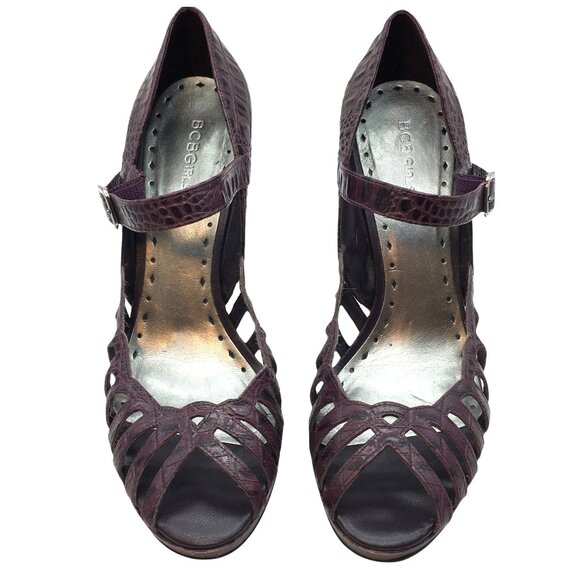 BCBGirls Heels 5" Caged Cutout Leather Faux Croc Embossed Size 10 Dark Purple - Picture 2 of 9